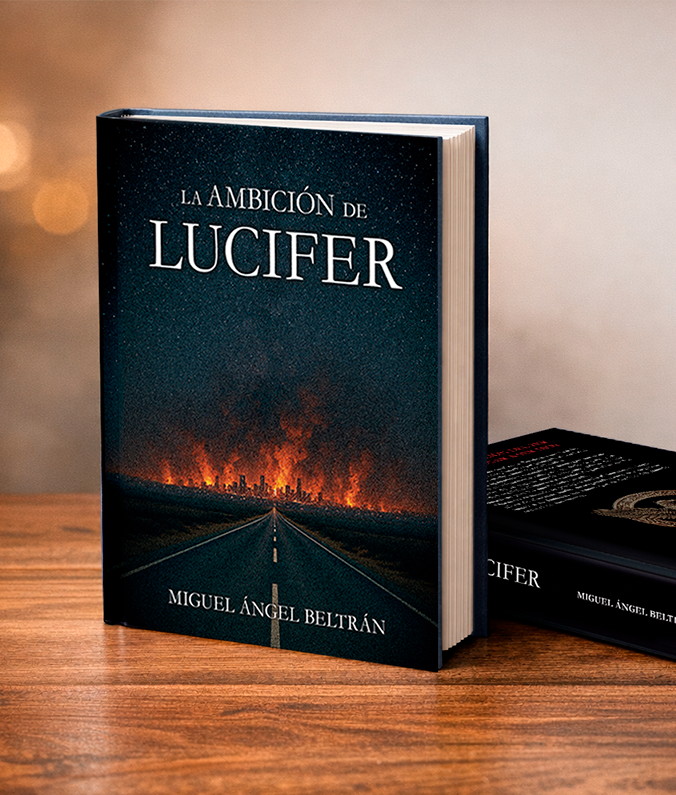 Imagen del libro La ambición de Lucifer, una novela de Miguel Ángel Beltrán. Thriller con toques de ciencia ficción en el que se mezclan dilemas sobre IA, tecnología, geopolítica, ambición y corrupción política