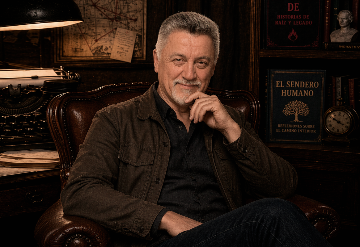 A thoughtful older man sits in a leather chair in a vintage study, wearing a brown jacket, with books and a map-filled wall behind him.